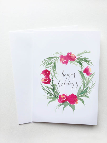 Happy Holidays Red Floral Wreath Card