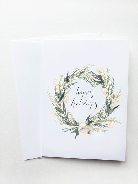 Happy Holidays White Floral Wreath Card