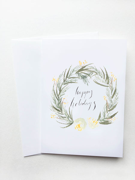 Happy Holidays White and Gold Floral Wreath Card